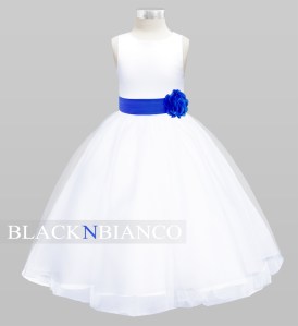 Black N Bianco Flower Girl Dress with Royal Blue Sash and Flower